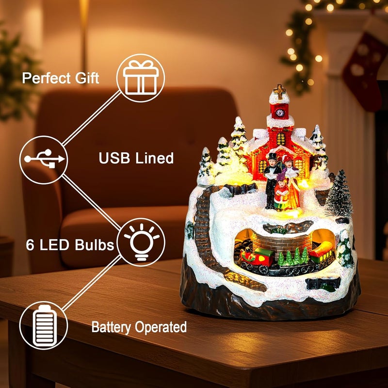 MXwcy Animated Christmas Village Decoration – Lighted Church Choir & Moving Train on Snowy Mountain – Holiday Collectible Statue Centerpiece - Image 4